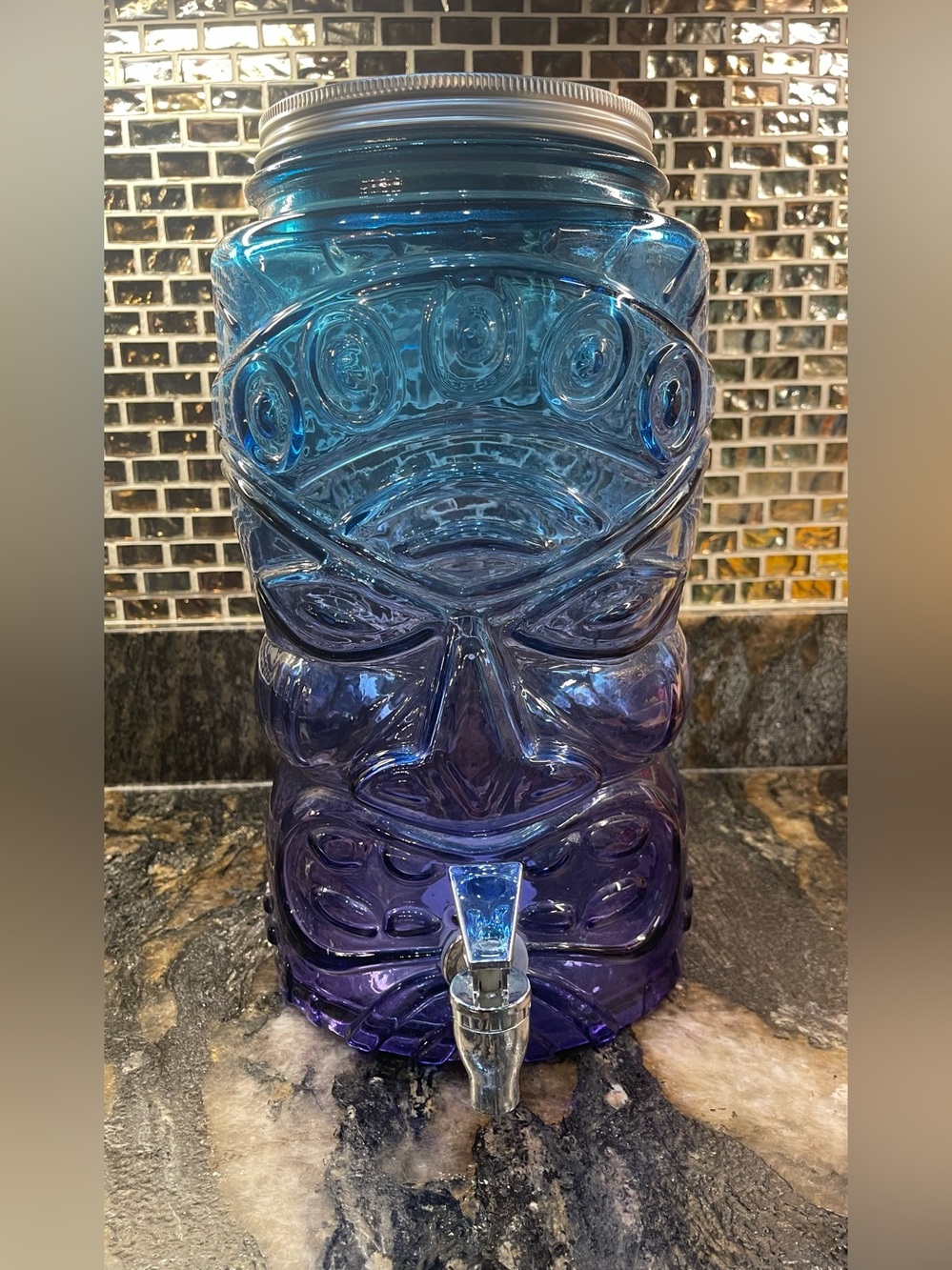 Tiki Mask Drink Dispenser Blue to Purple Glass with Spigot
